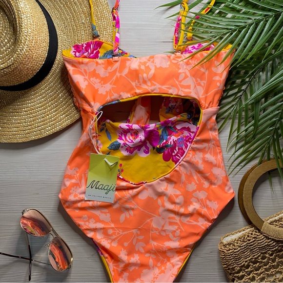 Maaji Reversible Floral Golden Cutout Tie One Piece - Picture 7 of 9